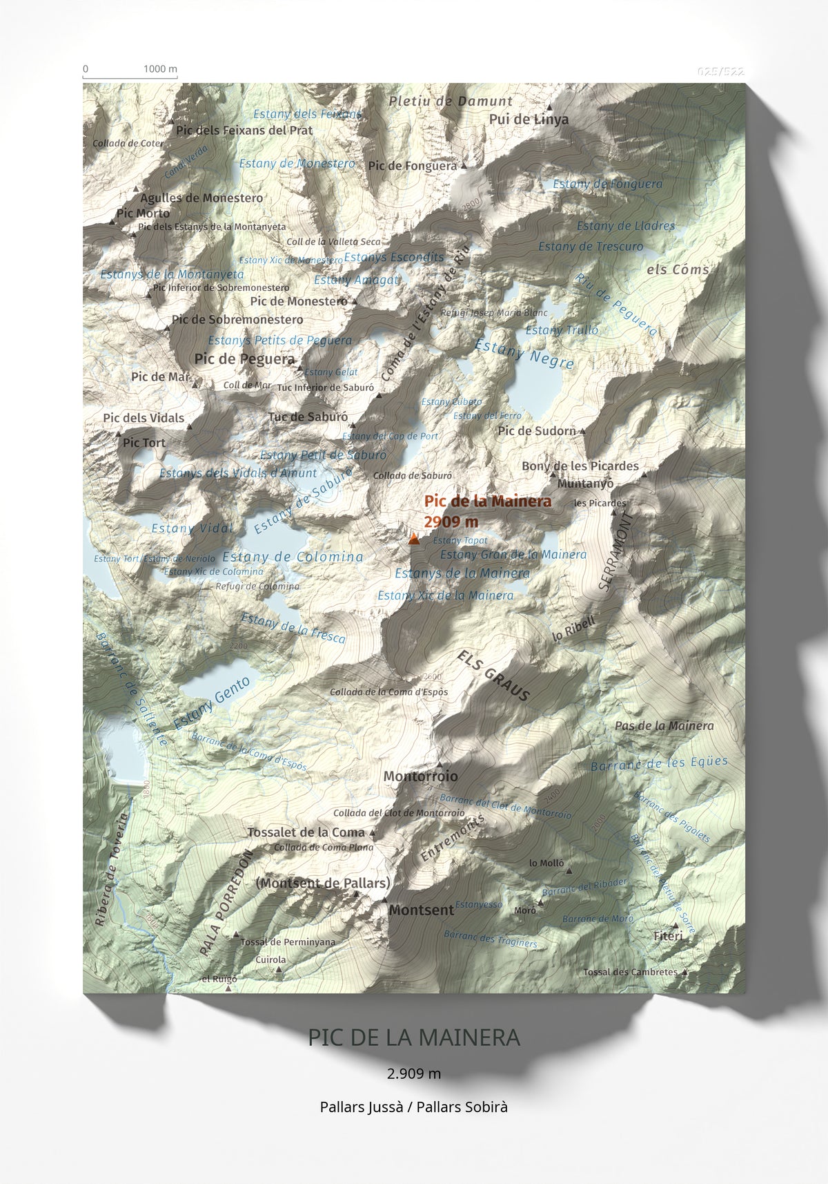 Mapa de relieve de Pic de la Mainera, 2909 m, Pallars Jussà · Pallars Sobirà, lámina 100 Cims de Trobart 21 × 30 cm.