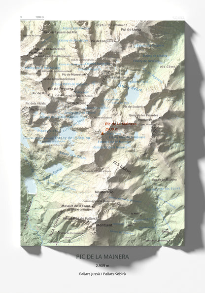 Mapa de relieve de Pic de la Mainera, 2909 m, Pallars Jussà · Pallars Sobirà, lámina 100 Cims de Trobart 21 × 30 cm.