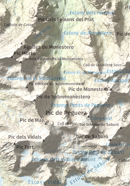 Mapa de relieve de Pic de la Mainera, 2909 m, Pallars Jussà · Pallars Sobirà, lámina 100 Cims de Trobart. Detalle de la zona superior izquierda. 21 × 30 cm.