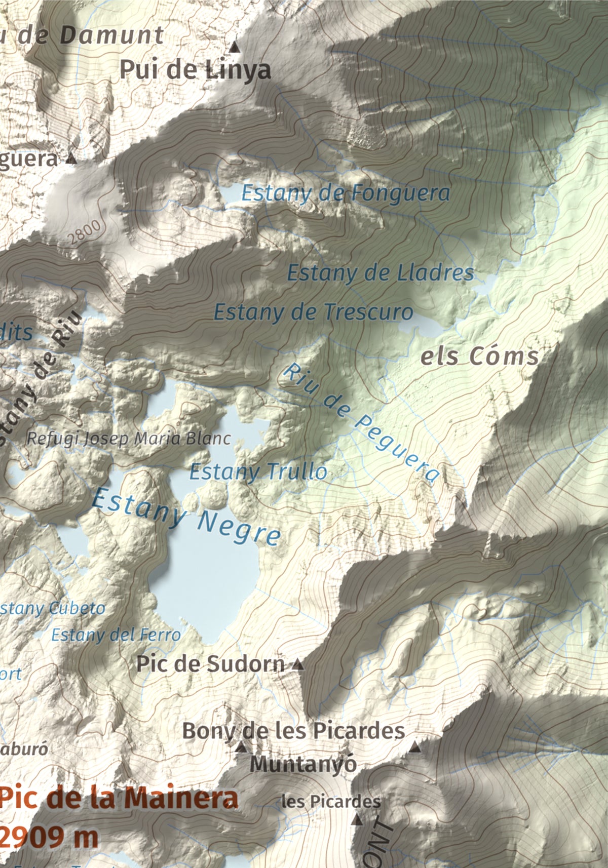 Mapa de relieve de Pic de la Mainera, 2909 m, Pallars Jussà · Pallars Sobirà, lámina 100 Cims de Trobart. Detalle de la zona superior derecha. 21 × 30 cm.