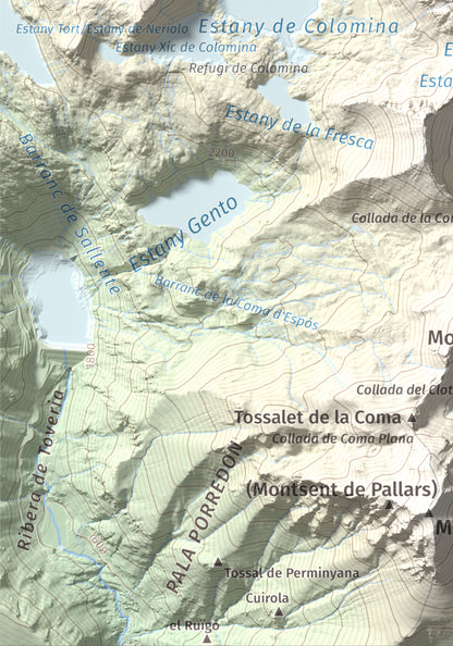 Mapa de relieve de Pic de la Mainera, 2909 m, Pallars Jussà · Pallars Sobirà, lámina 100 Cims de Trobart. Detalle de la zona inferior izquierda. 21 × 30 cm.