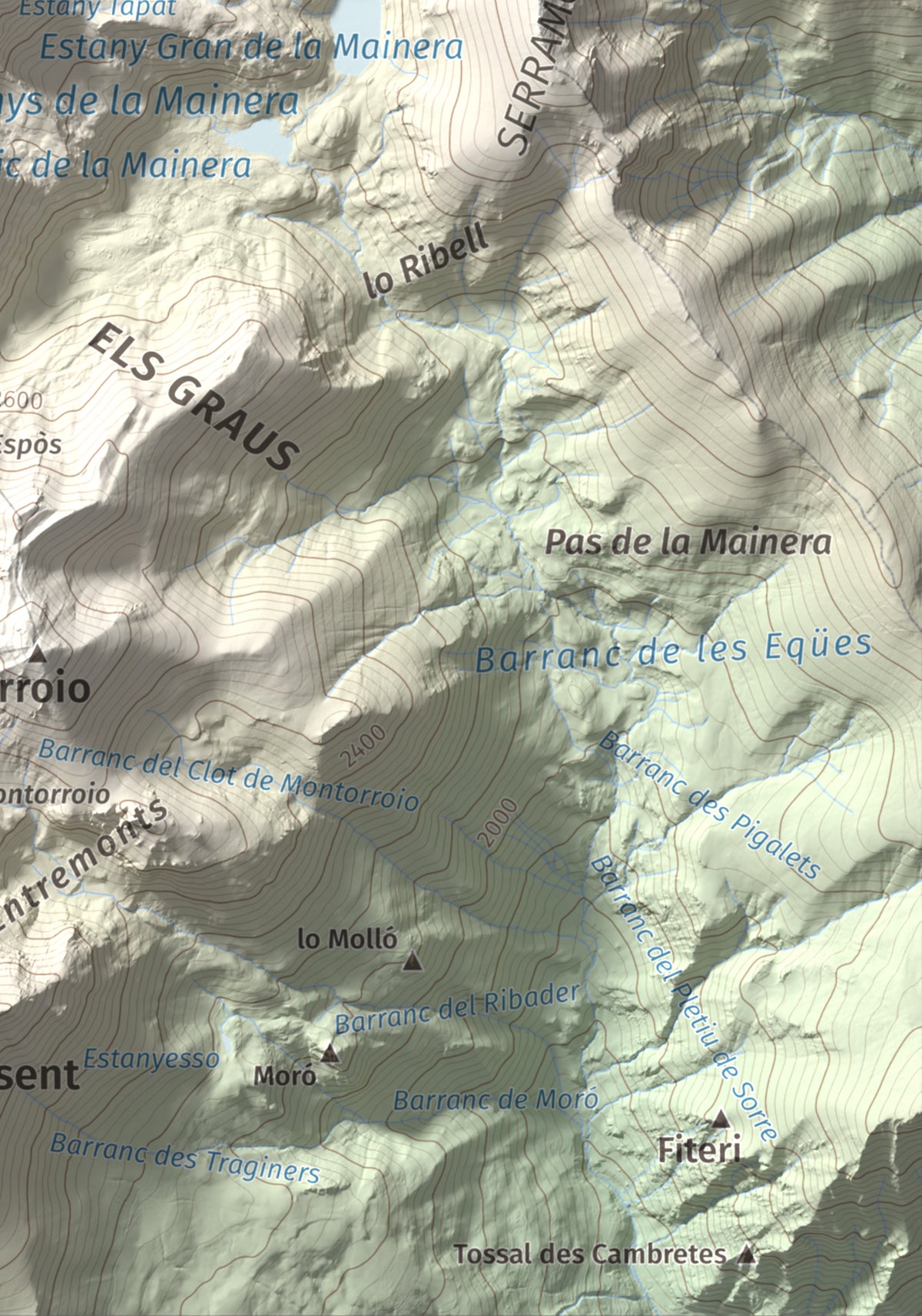 Mapa de relieve de Pic de la Mainera, 2909 m, Pallars Jussà · Pallars Sobirà, lámina 100 Cims de Trobart. Detalle de la zona inferior derecha. 21 × 30 cm.