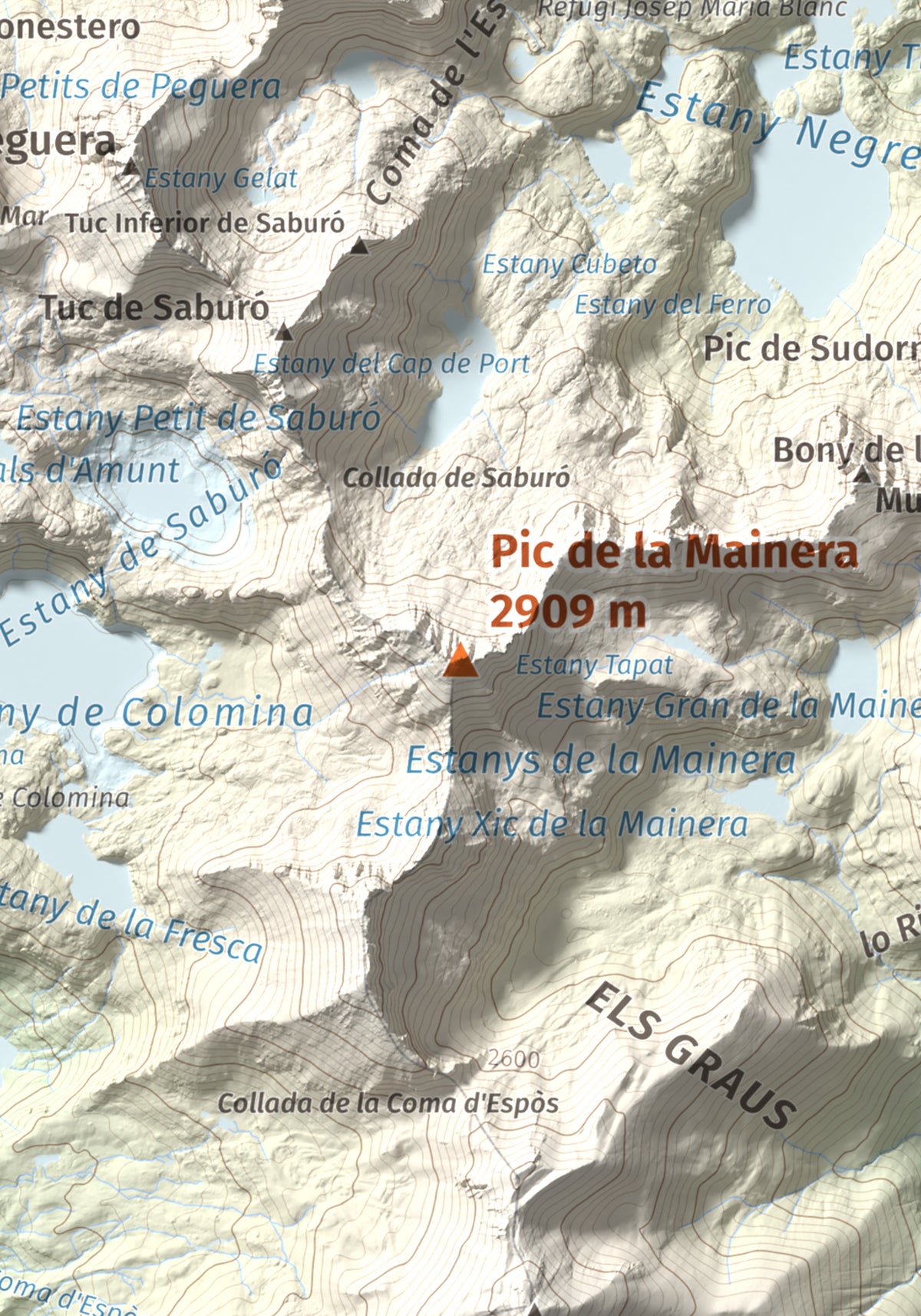 Mapa de relieve de Pic de la Mainera, 2909 m, Pallars Jussà · Pallars Sobirà, lámina 100 Cims de Trobart. Detalle de la zona central. 21 × 30 cm.
