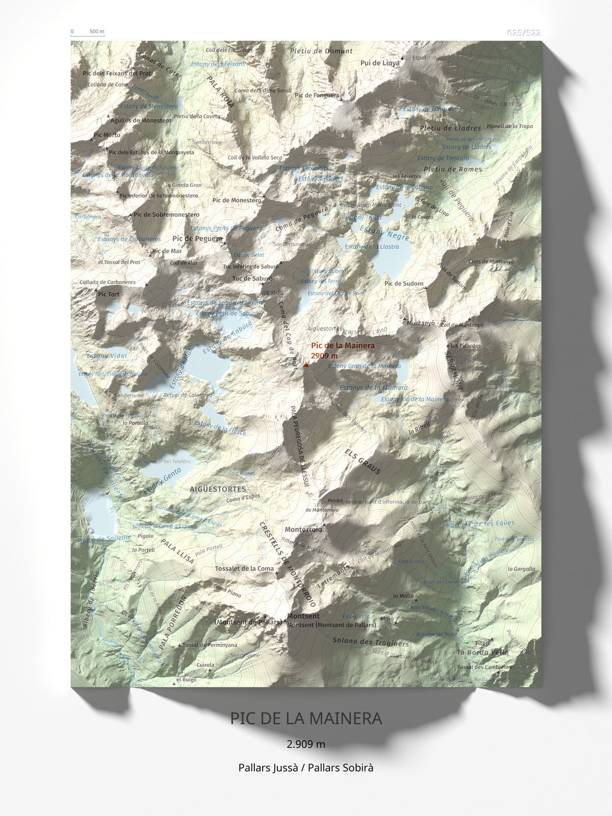 Mapa de relieve de Pic de la Mainera, 2909 m, Pallars Jussà · Pallars Sobirà, lámina 100 Cims de Trobart 30 × 40 cm.