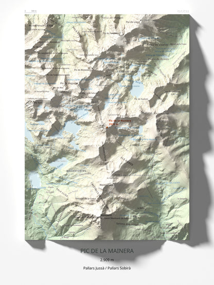 Mapa de relieve de Pic de la Mainera, 2909 m, Pallars Jussà · Pallars Sobirà, lámina 100 Cims de Trobart 30 × 40 cm.