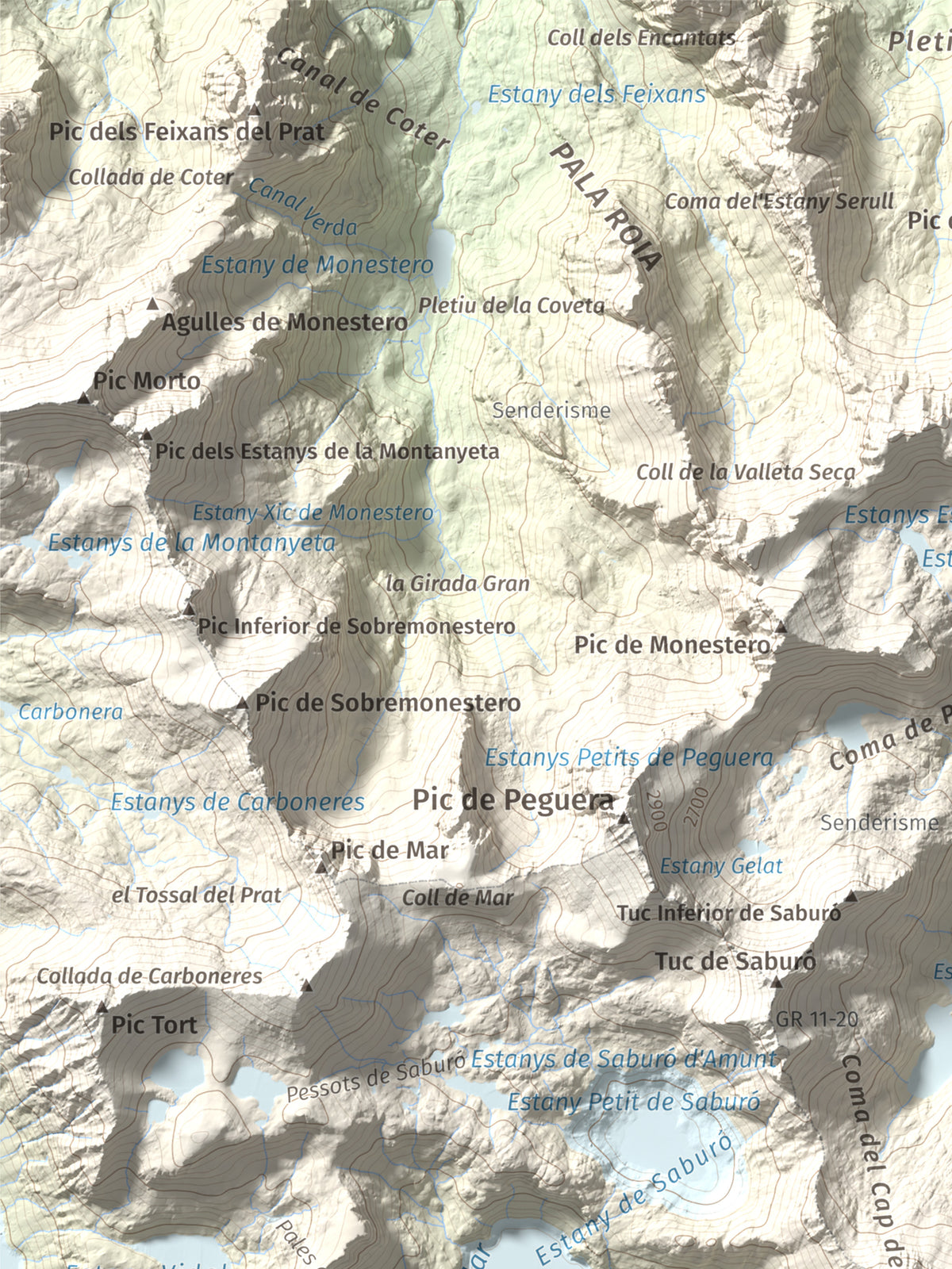 Mapa de relieve de Pic de la Mainera, 2909 m, Pallars Jussà · Pallars Sobirà, lámina 100 Cims de Trobart. Detalle de la zona superior izquierda. 30 × 40 cm.