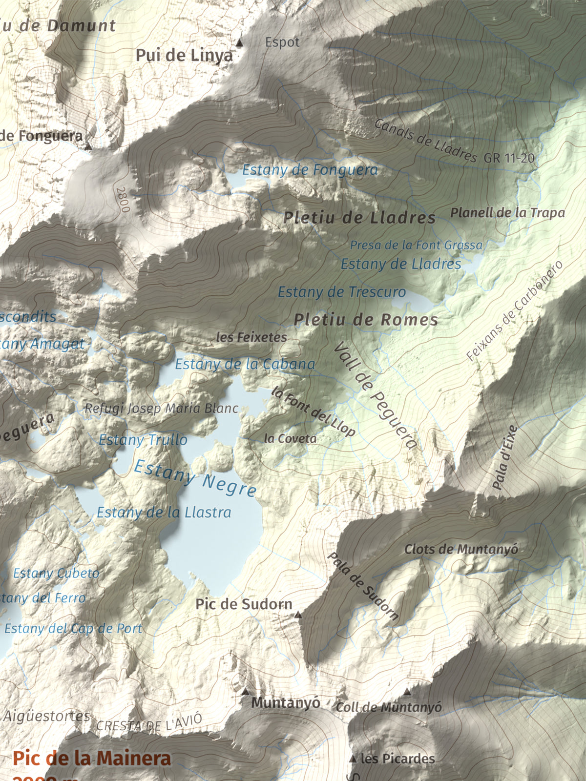 Mapa de relieve de Pic de la Mainera, 2909 m, Pallars Jussà · Pallars Sobirà, lámina 100 Cims de Trobart. Detalle de la zona superior derecha. 30 × 40 cm.
