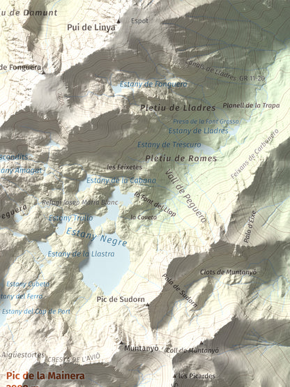 Mapa de relieve de Pic de la Mainera, 2909 m, Pallars Jussà · Pallars Sobirà, lámina 100 Cims de Trobart. Detalle de la zona superior derecha. 30 × 40 cm.