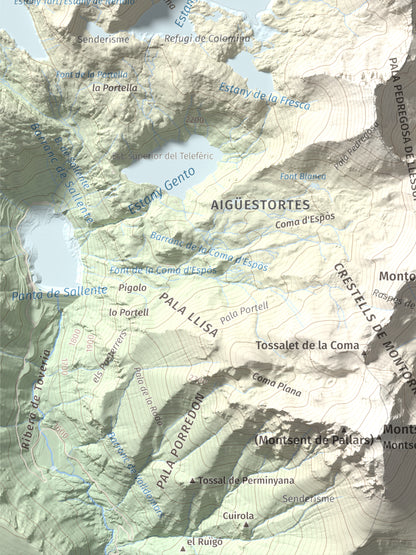 Mapa de relieve de Pic de la Mainera, 2909 m, Pallars Jussà · Pallars Sobirà, lámina 100 Cims de Trobart. Detalle de la zona inferior izquierda. 30 × 40 cm.