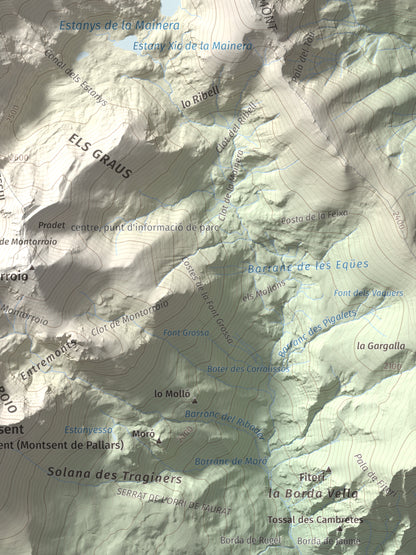 Mapa de relieve de Pic de la Mainera, 2909 m, Pallars Jussà · Pallars Sobirà, lámina 100 Cims de Trobart. Detalle de la zona inferior derecha. 30 × 40 cm.