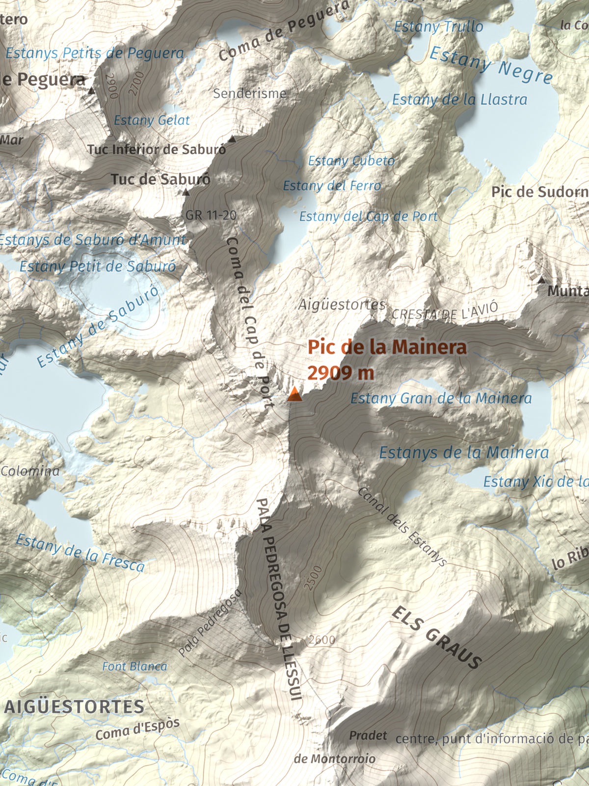 Mapa de relieve de Pic de la Mainera, 2909 m, Pallars Jussà · Pallars Sobirà, lámina 100 Cims de Trobart. Detalle de la zona central. 30 × 40 cm.