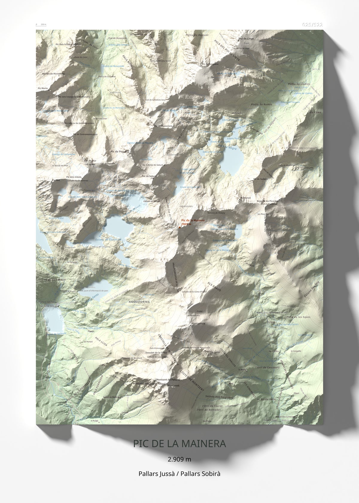 Mapa de relieve de Pic de la Mainera, 2909 m, Pallars Jussà · Pallars Sobirà, lámina 100 Cims de Trobart 50 × 70 cm.