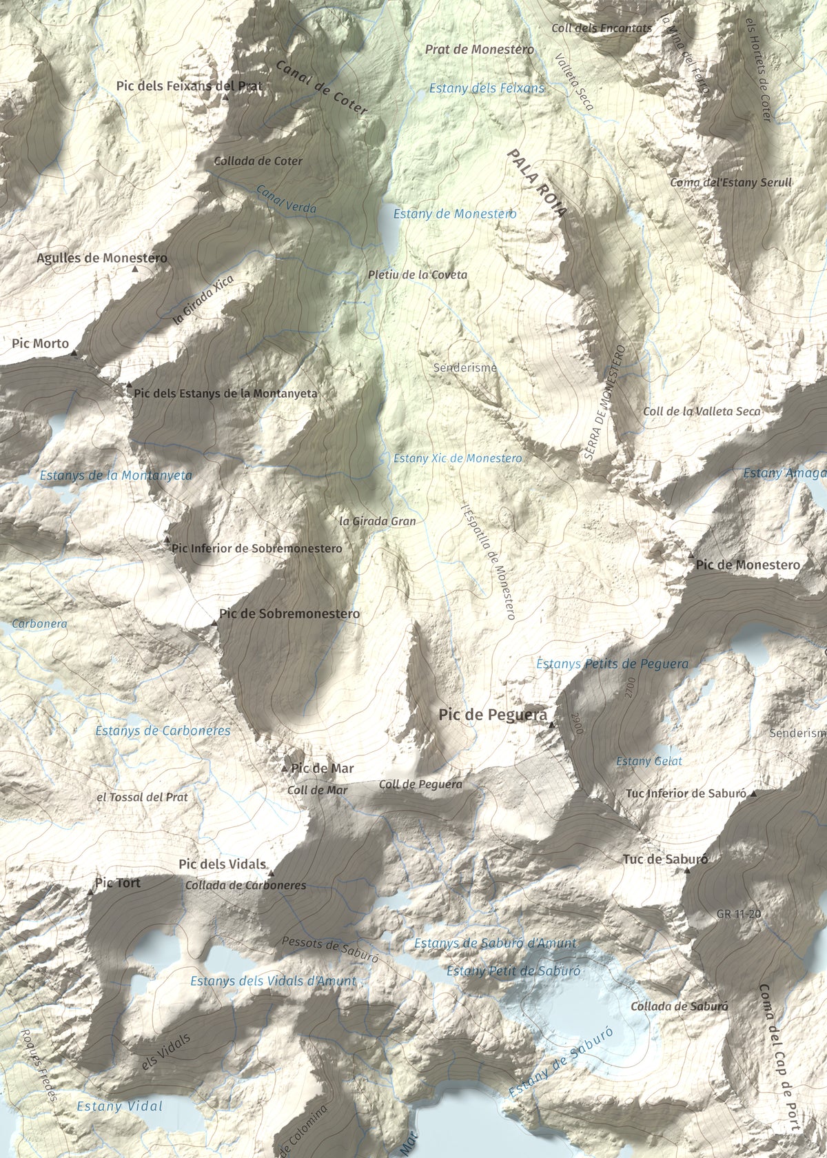 Mapa de relieve de Pic de la Mainera, 2909 m, Pallars Jussà · Pallars Sobirà, lámina 100 Cims de Trobart. Detalle de la zona superior izquierda. 50 × 70 cm.