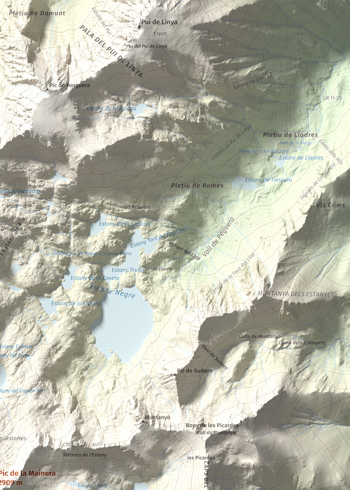 Mapa de relieve de Pic de la Mainera, 2909 m, Pallars Jussà · Pallars Sobirà, lámina 100 Cims de Trobart. Detalle de la zona superior derecha. 50 × 70 cm.