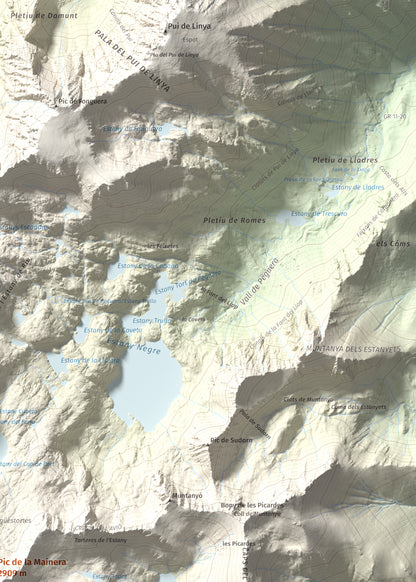 Mapa de relieve de Pic de la Mainera, 2909 m, Pallars Jussà · Pallars Sobirà, lámina 100 Cims de Trobart. Detalle de la zona superior derecha. 50 × 70 cm.