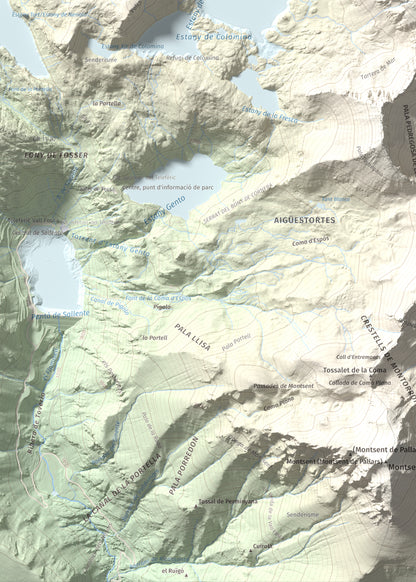 Mapa de relieve de Pic de la Mainera, 2909 m, Pallars Jussà · Pallars Sobirà, lámina 100 Cims de Trobart. Detalle de la zona inferior izquierda. 50 × 70 cm.