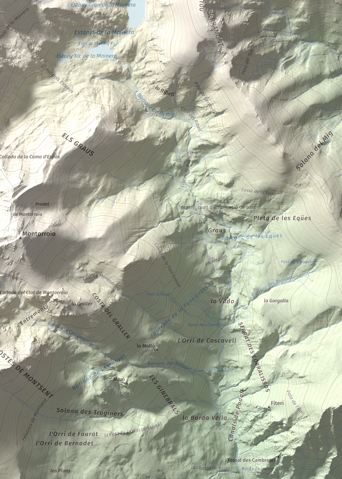 Mapa de relieve de Pic de la Mainera, 2909 m, Pallars Jussà · Pallars Sobirà, lámina 100 Cims de Trobart. Detalle de la zona inferior derecha. 50 × 70 cm.