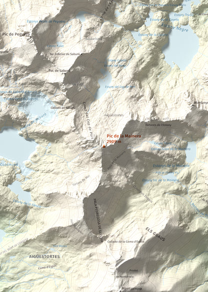 Mapa de relieve de Pic de la Mainera, 2909 m, Pallars Jussà · Pallars Sobirà, lámina 100 Cims de Trobart. Detalle de la zona central. 50 × 70 cm.
