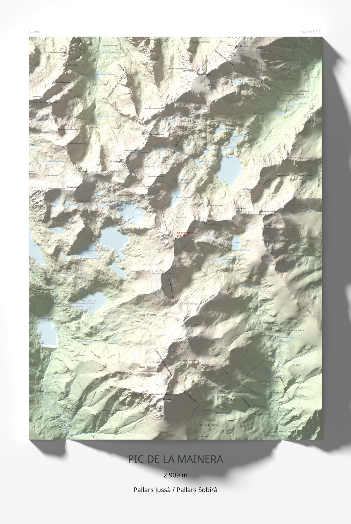 Mapa de relieve de Pic de la Mainera, 2909 m, Pallars Jussà · Pallars Sobirà, lámina 100 Cims de Trobart 61 × 91 cm.