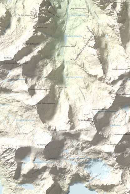 Mapa de relieve de Pic de la Mainera, 2909 m, Pallars Jussà · Pallars Sobirà, lámina 100 Cims de Trobart. Detalle de la zona superior izquierda. 61 × 91 cm.