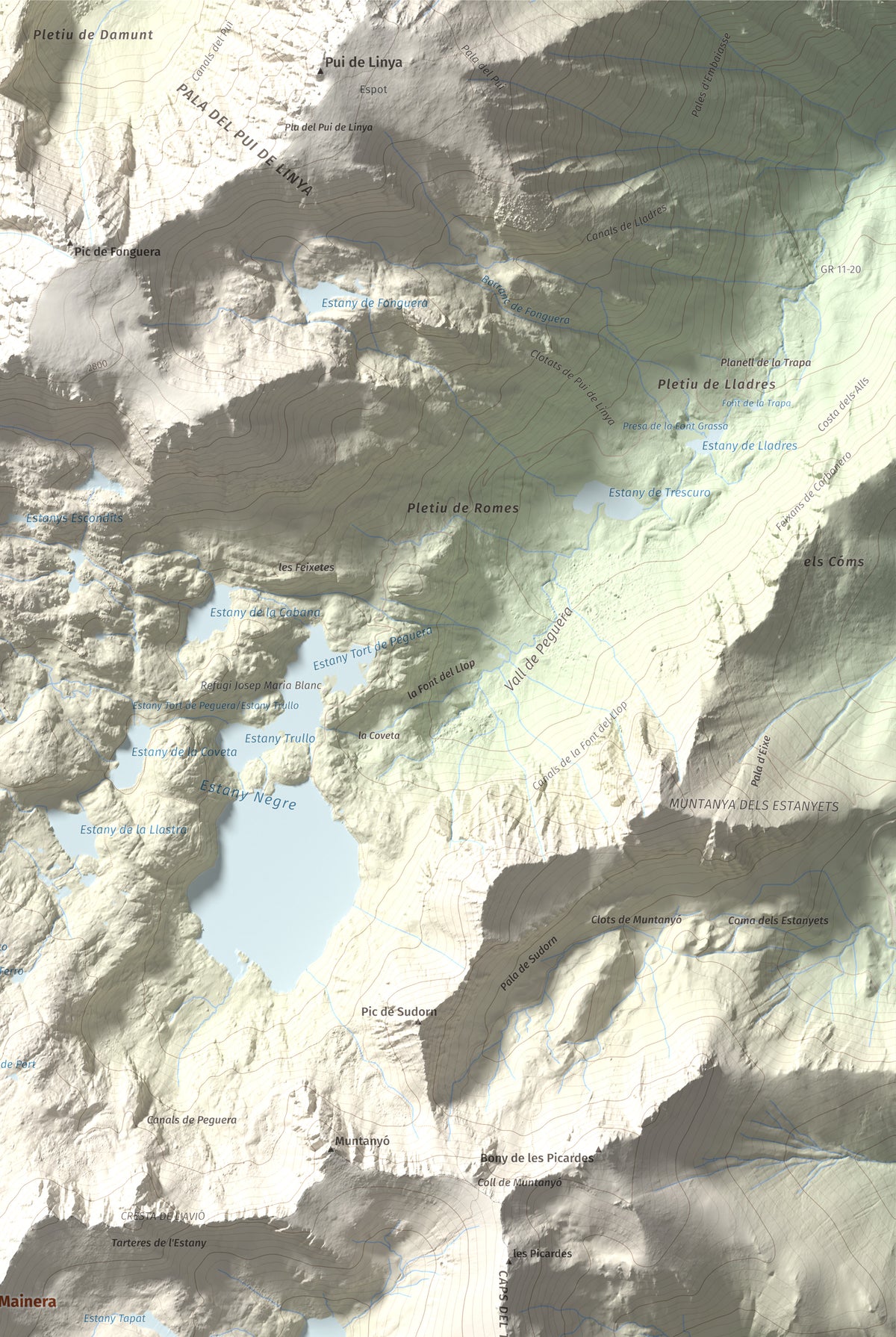 Mapa de relieve de Pic de la Mainera, 2909 m, Pallars Jussà · Pallars Sobirà, lámina 100 Cims de Trobart. Detalle de la zona superior derecha. 61 × 91 cm.