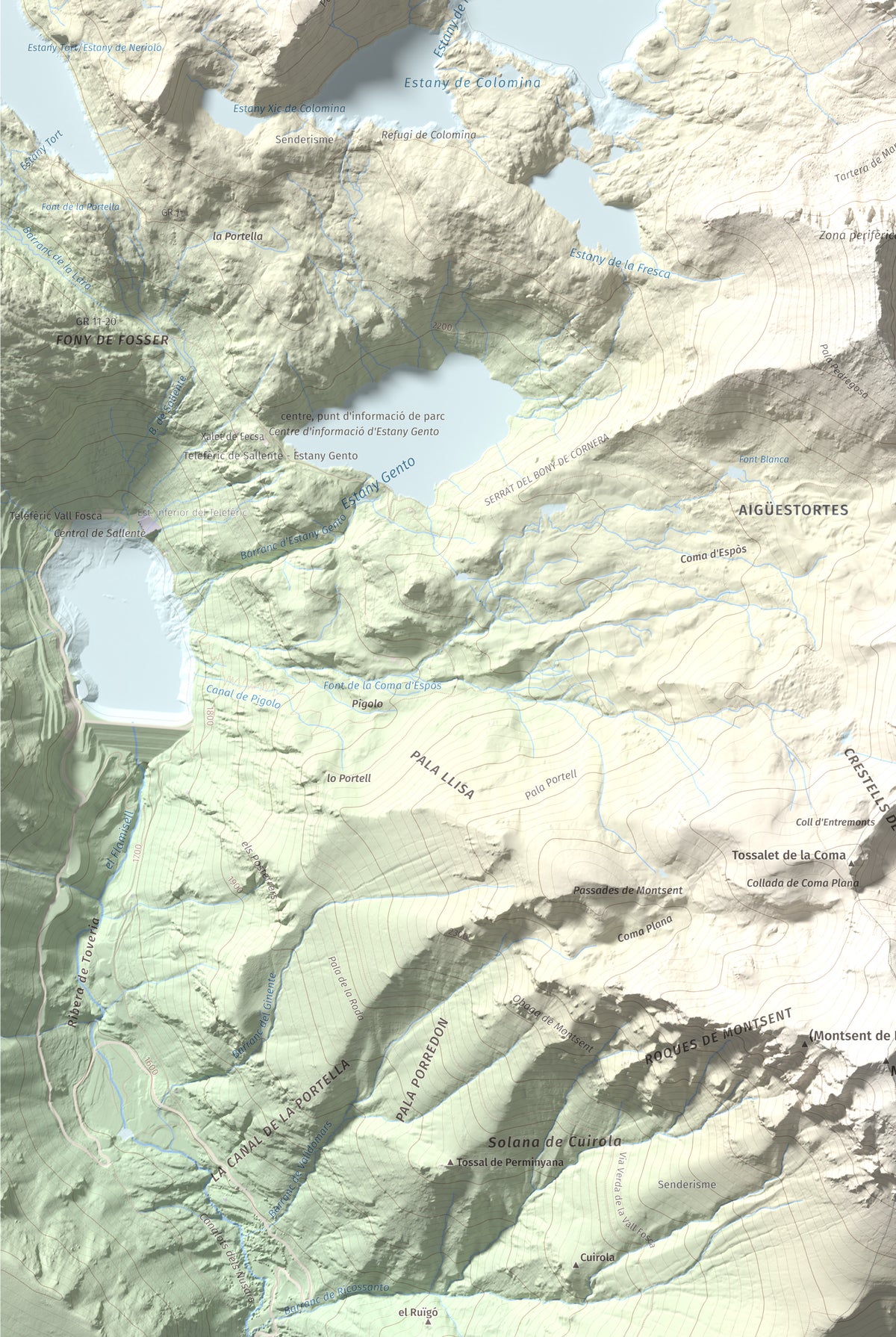 Mapa de relieve de Pic de la Mainera, 2909 m, Pallars Jussà · Pallars Sobirà, lámina 100 Cims de Trobart. Detalle de la zona inferior izquierda. 61 × 91 cm.