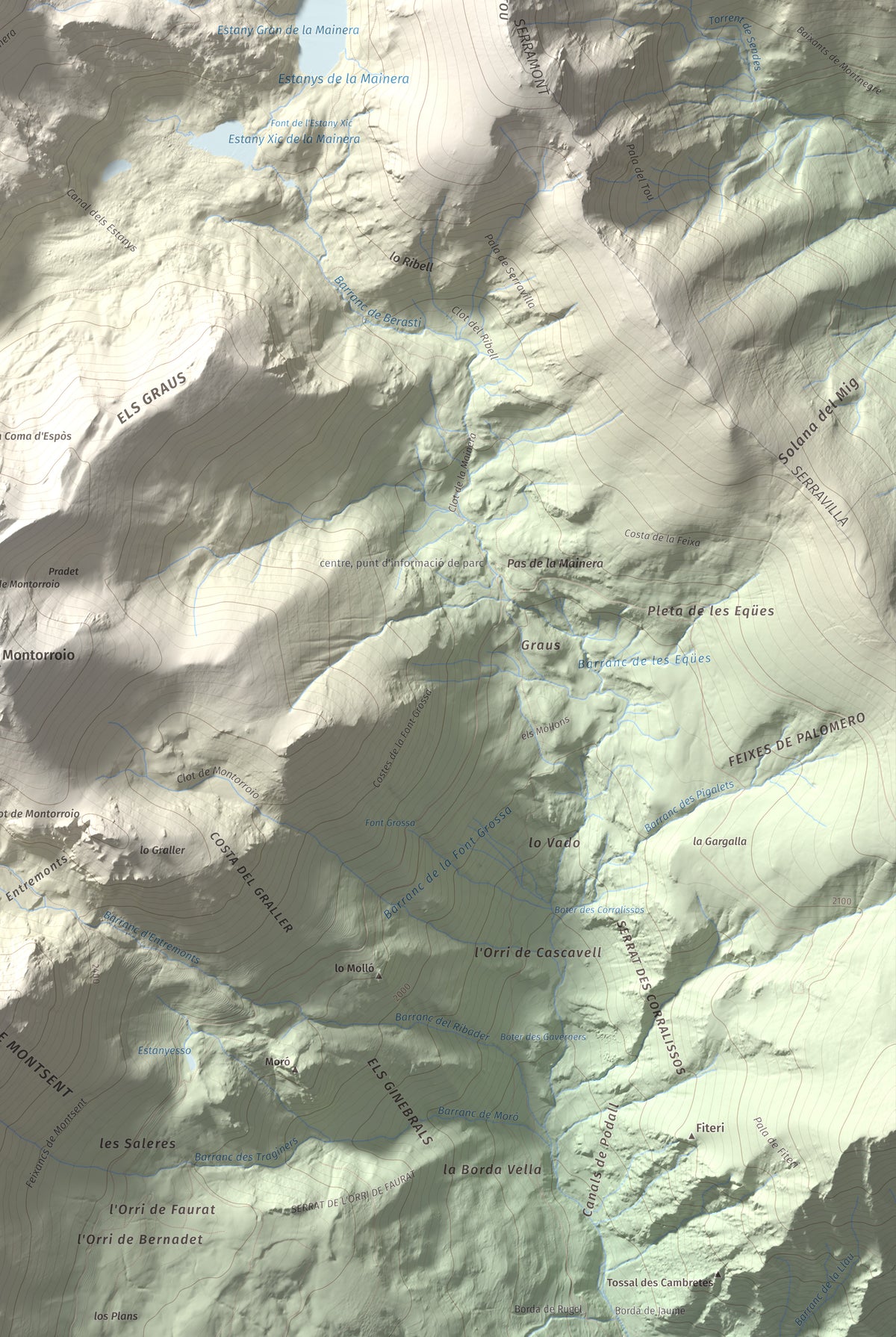Mapa de relieve de Pic de la Mainera, 2909 m, Pallars Jussà · Pallars Sobirà, lámina 100 Cims de Trobart. Detalle de la zona inferior derecha. 61 × 91 cm.