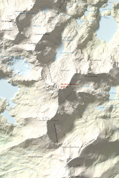 Mapa de relieve de Pic de la Mainera, 2909 m, Pallars Jussà · Pallars Sobirà, lámina 100 Cims de Trobart. Detalle de la zona central. 61 × 91 cm.