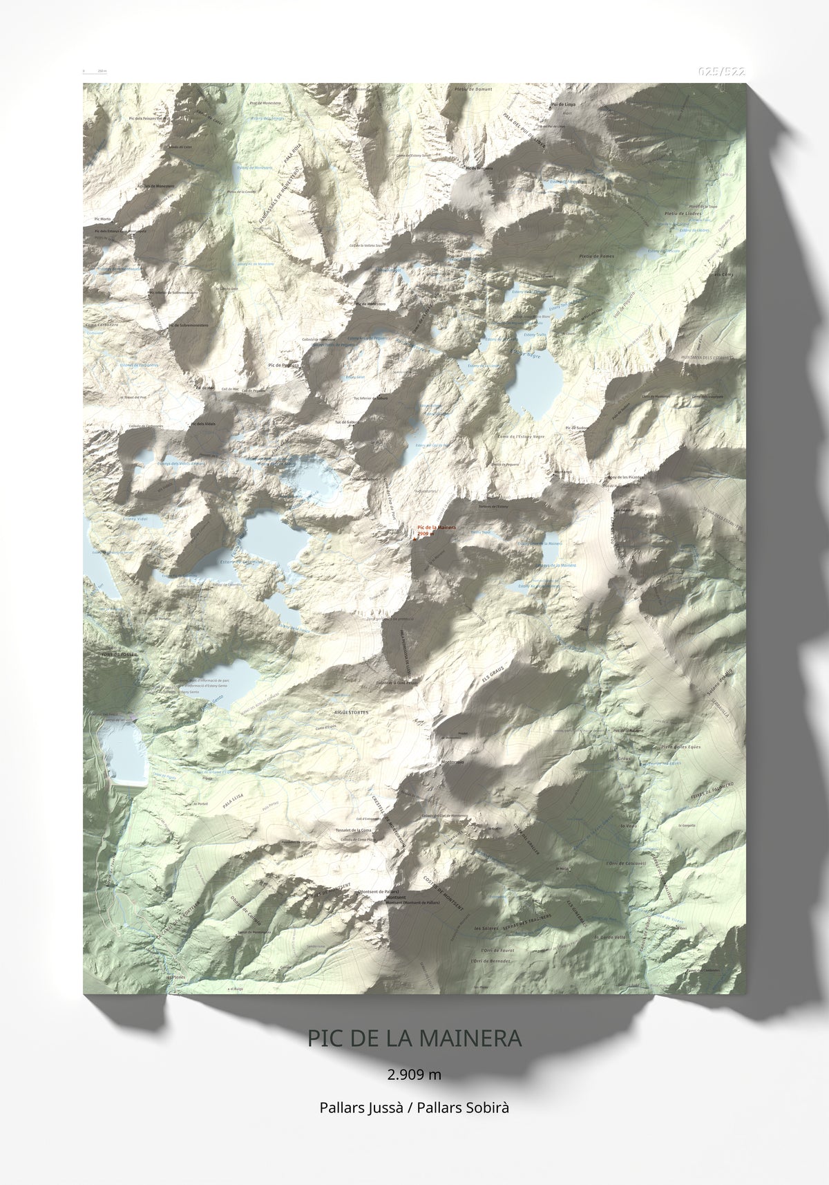 Mapa de relieve de Pic de la Mainera, 2909 m, Pallars Jussà · Pallars Sobirà, lámina 100 Cims de Trobart 70 × 100 cm.