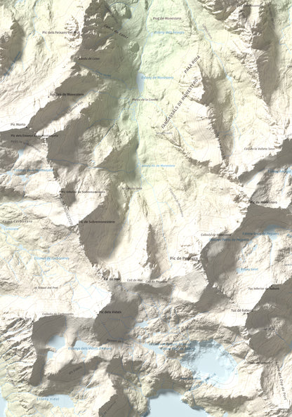 Mapa de relieve de Pic de la Mainera, 2909 m, Pallars Jussà · Pallars Sobirà, lámina 100 Cims de Trobart. Detalle de la zona superior izquierda. 70 × 100 cm.