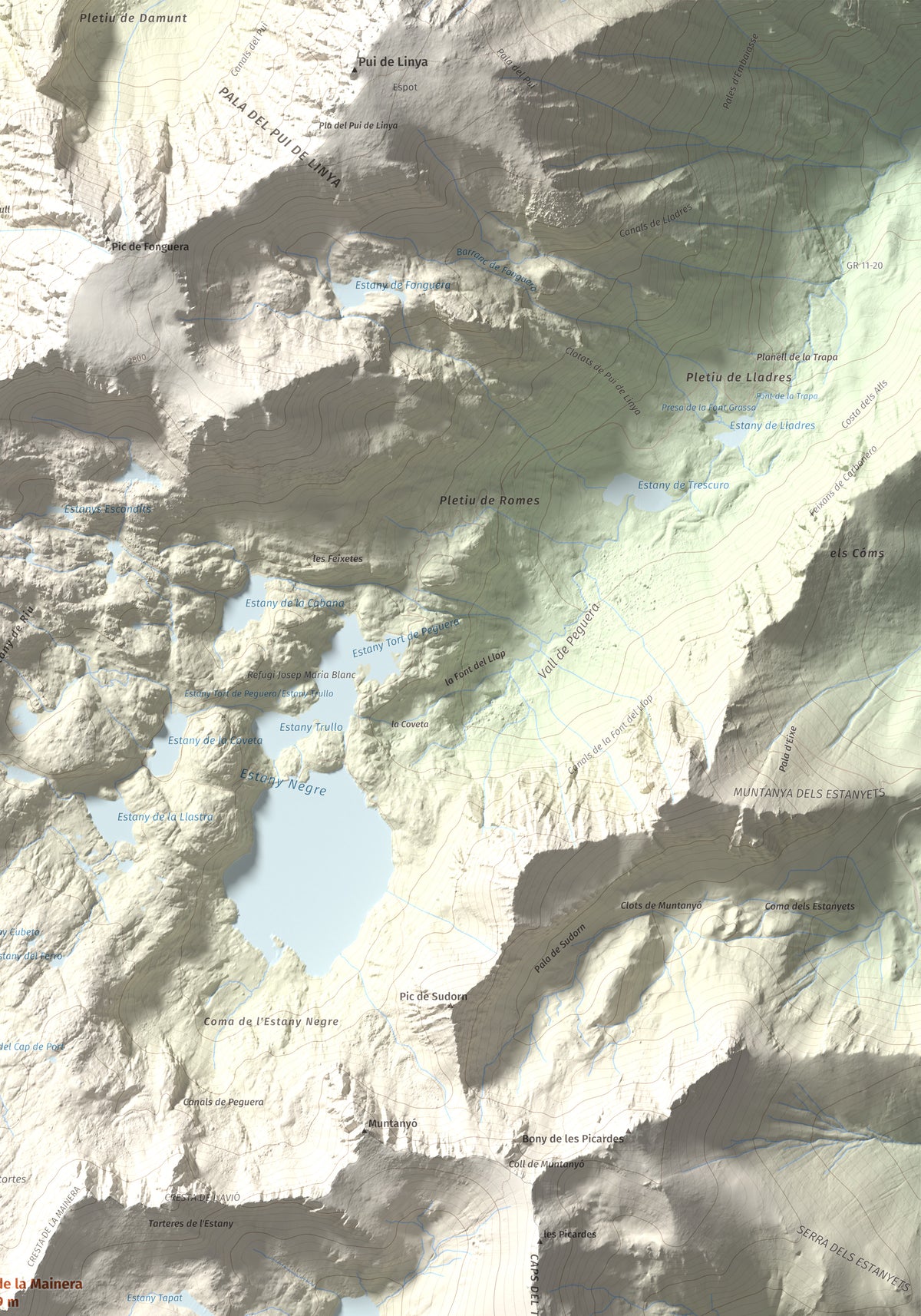 Mapa de relieve de Pic de la Mainera, 2909 m, Pallars Jussà · Pallars Sobirà, lámina 100 Cims de Trobart. Detalle de la zona superior derecha. 70 × 100 cm.