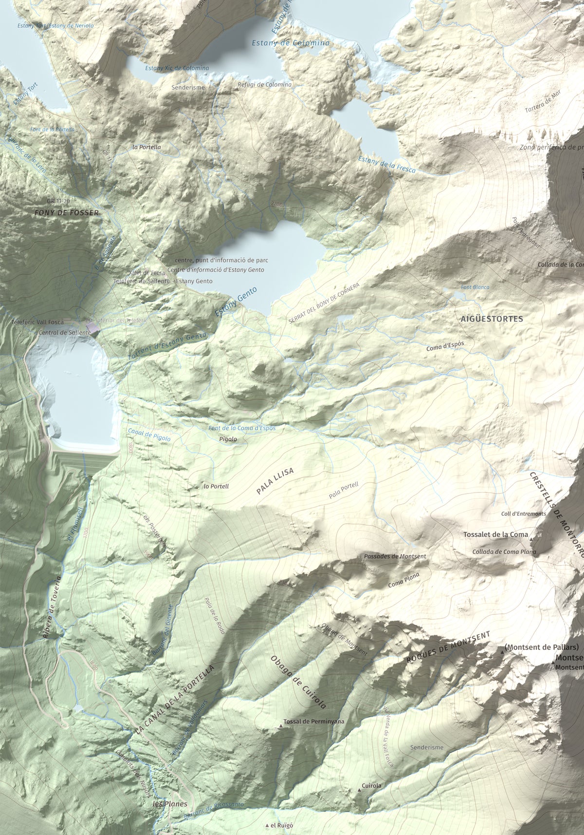 Mapa de relieve de Pic de la Mainera, 2909 m, Pallars Jussà · Pallars Sobirà, lámina 100 Cims de Trobart. Detalle de la zona inferior izquierda. 70 × 100 cm.