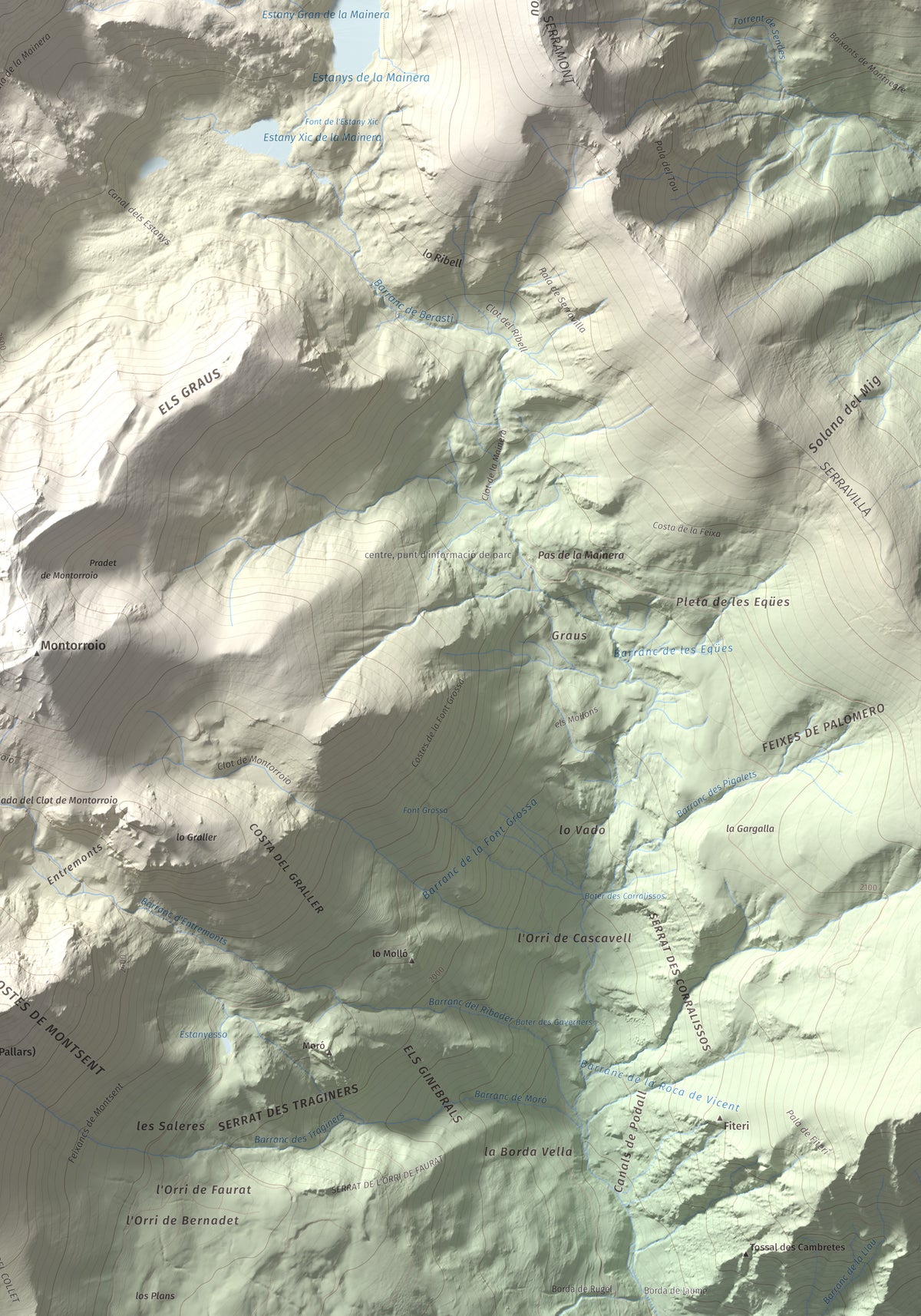 Mapa de relieve de Pic de la Mainera, 2909 m, Pallars Jussà · Pallars Sobirà, lámina 100 Cims de Trobart. Detalle de la zona inferior derecha. 70 × 100 cm.