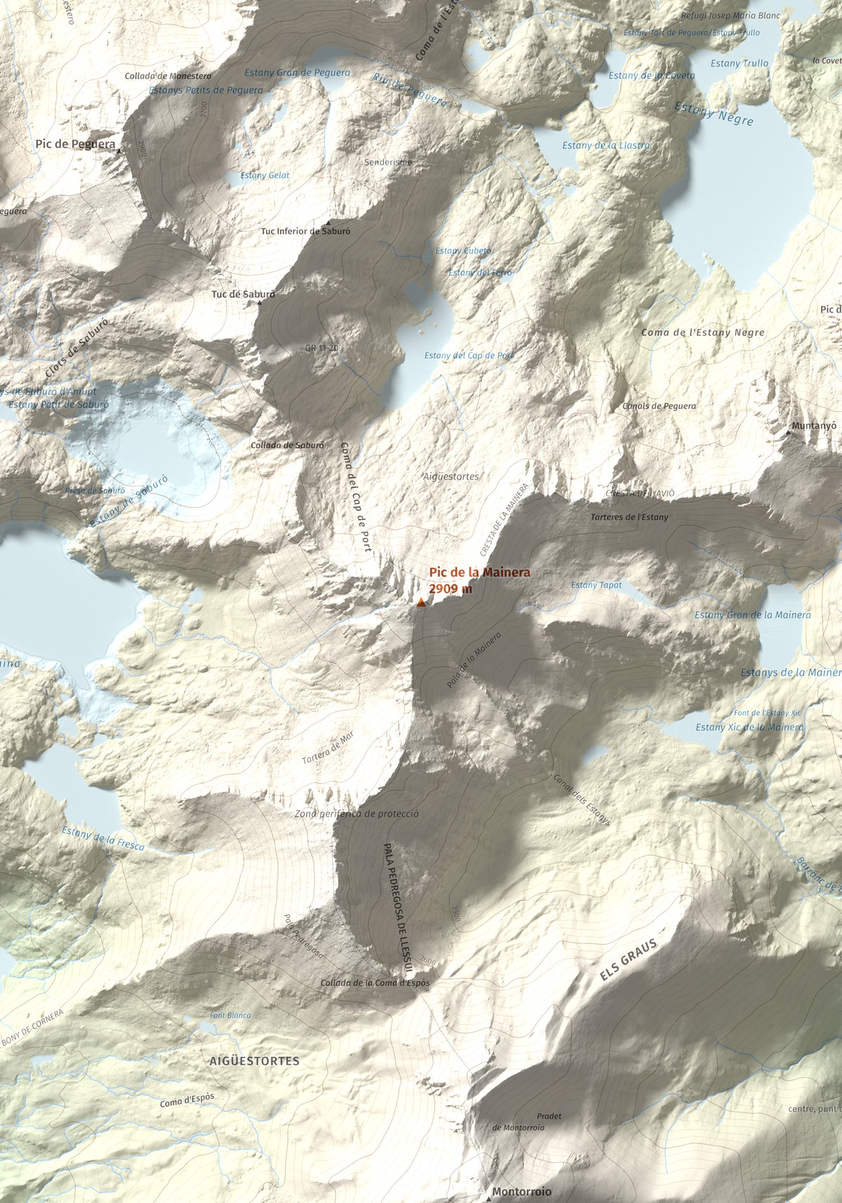 Mapa de relieve de Pic de la Mainera, 2909 m, Pallars Jussà · Pallars Sobirà, lámina 100 Cims de Trobart. Detalle de la zona central. 70 × 100 cm.