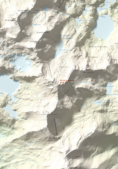 Mapa de relieve de Pic de la Mainera, 2909 m, Pallars Jussà · Pallars Sobirà, lámina 100 Cims de Trobart. Detalle de la zona central. 70 × 100 cm.