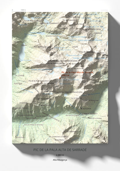 Mapa de relieve de Pic de la Pala Alta de Sarradé, 2983 m, Alta Ribagorça, lámina 100 Cims de Trobart 21 × 30 cm.