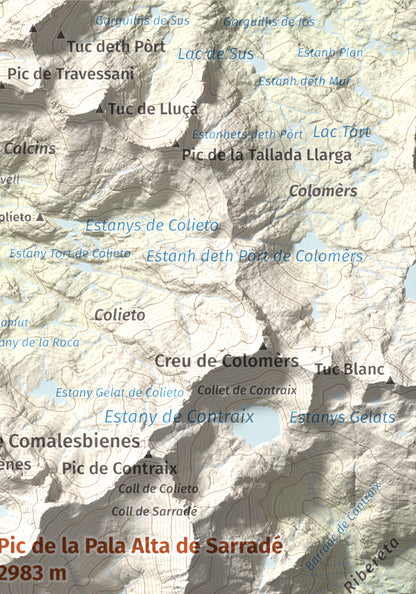 Mapa de relieve de Pic de la Pala Alta de Sarradé, 2983 m, Alta Ribagorça, lámina 100 Cims de Trobart. Detalle de la zona superior derecha. 21 × 30 cm.