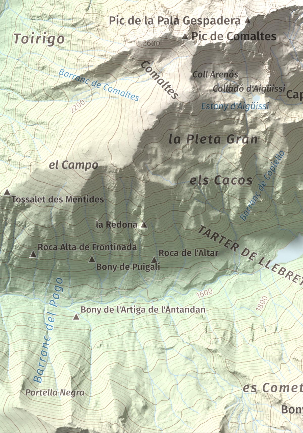 Mapa de relieve de Pic de la Pala Alta de Sarradé, 2983 m, Alta Ribagorça, lámina 100 Cims de Trobart. Detalle de la zona inferior izquierda. 21 × 30 cm.