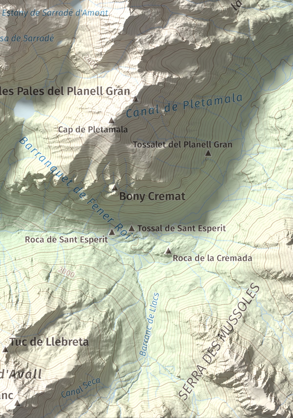 Mapa de relieve de Pic de la Pala Alta de Sarradé, 2983 m, Alta Ribagorça, lámina 100 Cims de Trobart. Detalle de la zona inferior derecha. 21 × 30 cm.