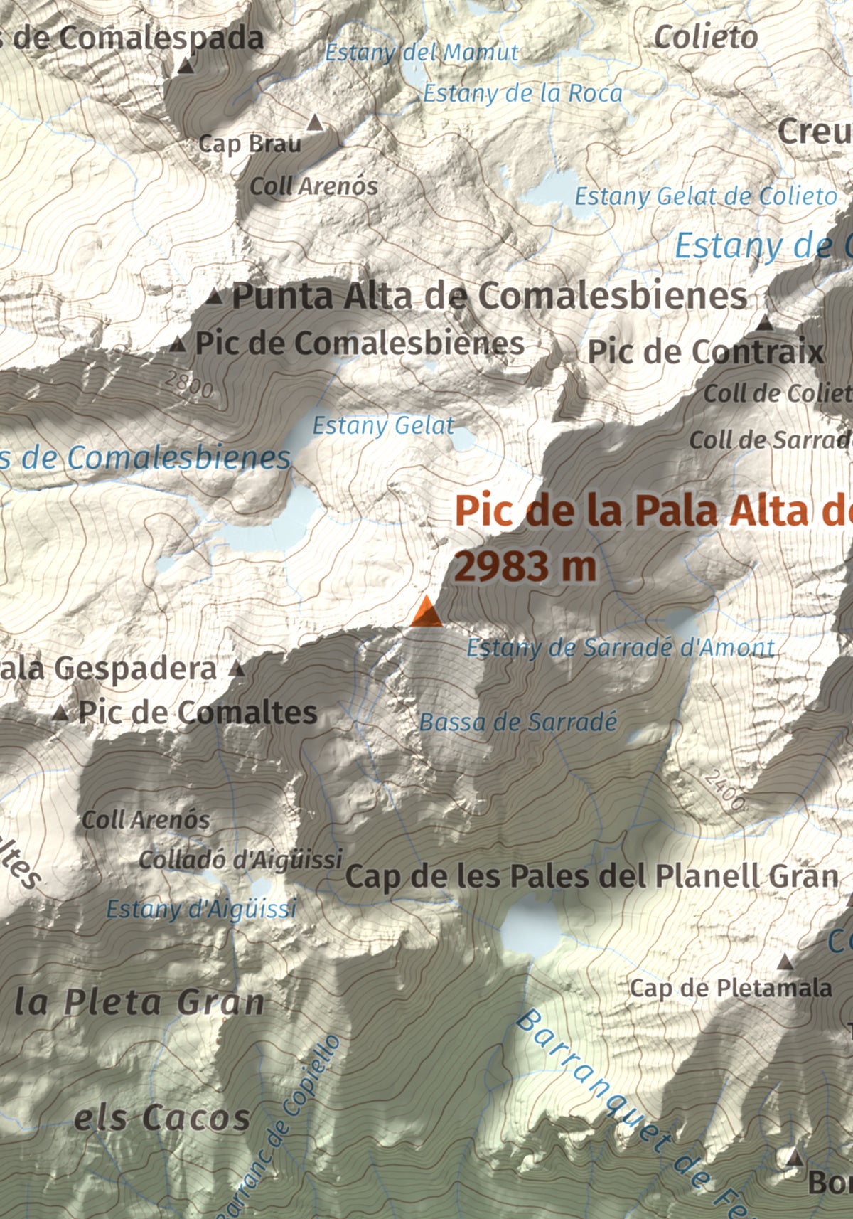 Mapa de relieve de Pic de la Pala Alta de Sarradé, 2983 m, Alta Ribagorça, lámina 100 Cims de Trobart. Detalle de la zona central. 21 × 30 cm.