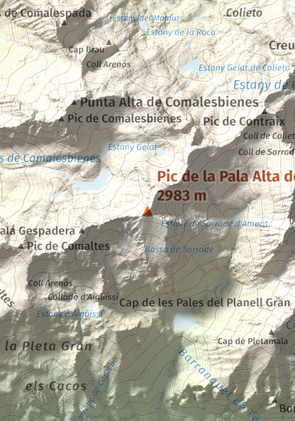 Mapa de relieve de Pic de la Pala Alta de Sarradé, 2983 m, Alta Ribagorça, lámina 100 Cims de Trobart. Detalle de la zona central. 21 × 30 cm.