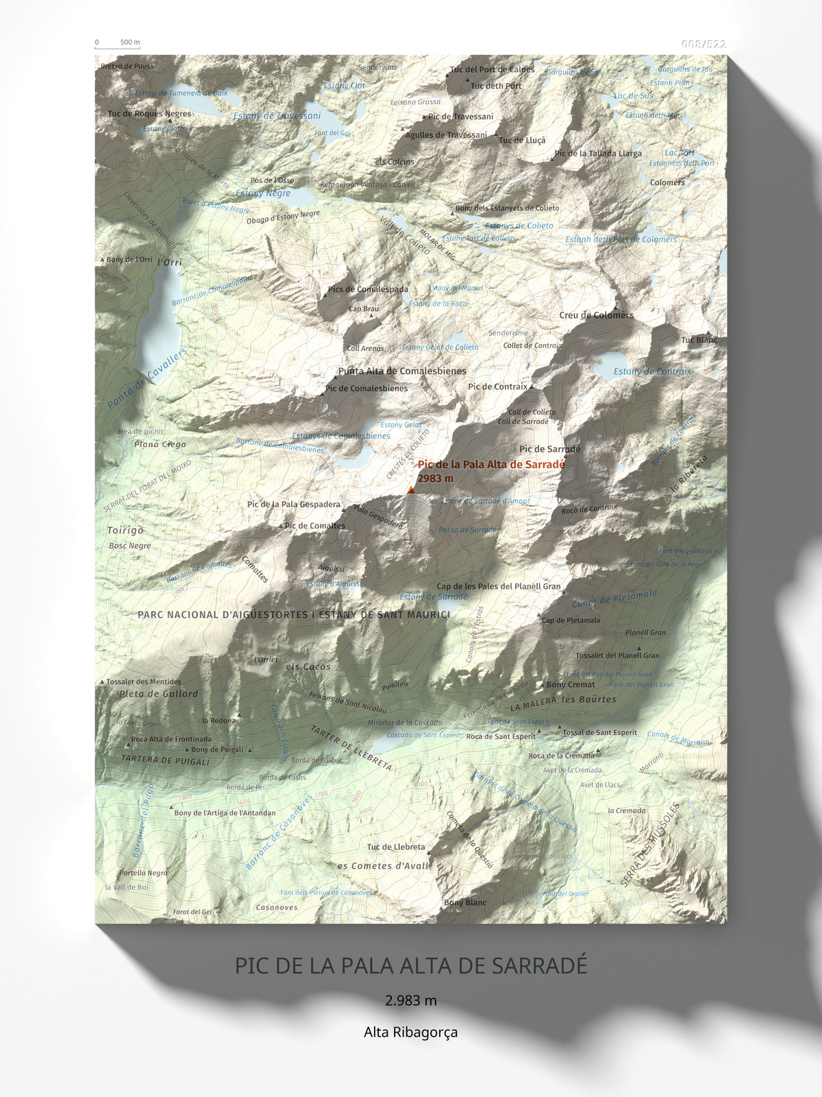 Mapa de relieve de Pic de la Pala Alta de Sarradé, 2983 m, Alta Ribagorça, lámina 100 Cims de Trobart 30 × 40 cm.