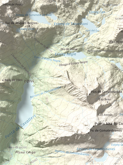 Mapa de relieve de Pic de la Pala Alta de Sarradé, 2983 m, Alta Ribagorça, lámina 100 Cims de Trobart. Detalle de la zona superior izquierda. 30 × 40 cm.