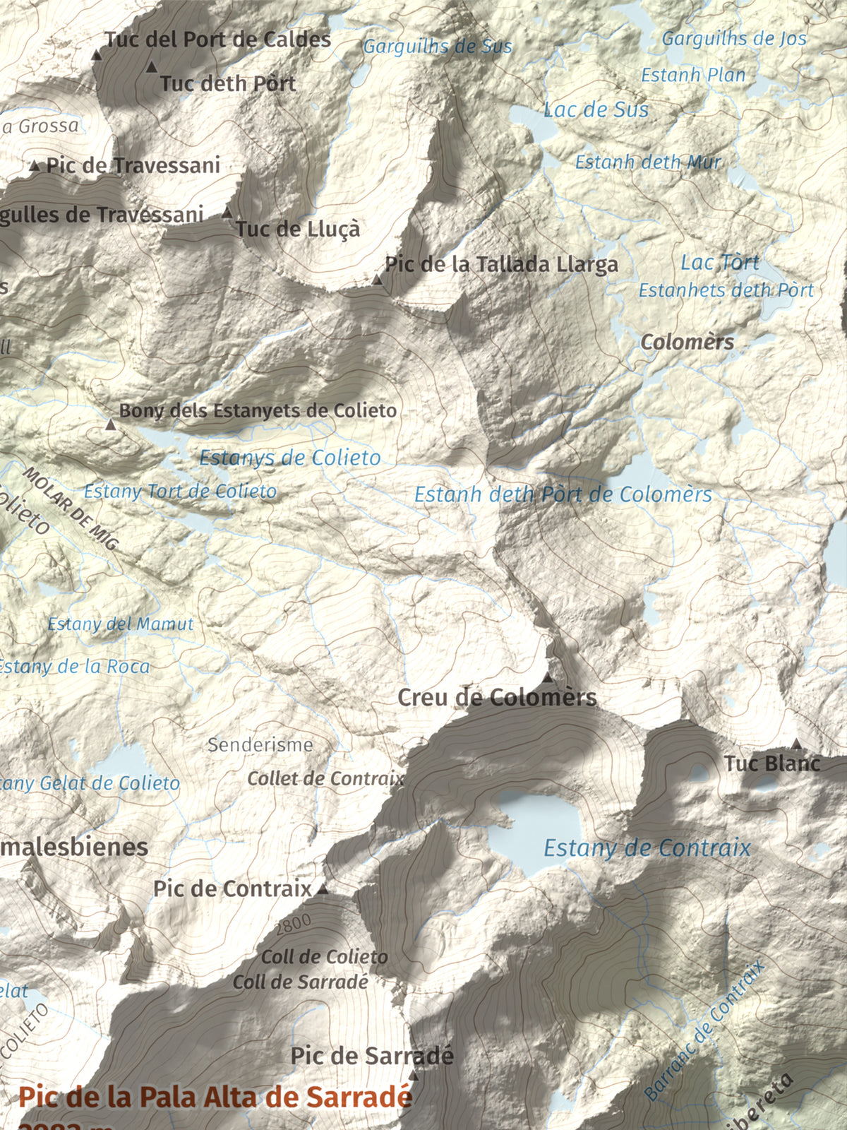Mapa de relieve de Pic de la Pala Alta de Sarradé, 2983 m, Alta Ribagorça, lámina 100 Cims de Trobart. Detalle de la zona superior derecha. 30 × 40 cm.