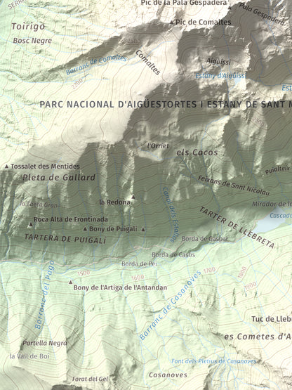 Mapa de relieve de Pic de la Pala Alta de Sarradé, 2983 m, Alta Ribagorça, lámina 100 Cims de Trobart. Detalle de la zona inferior izquierda. 30 × 40 cm.