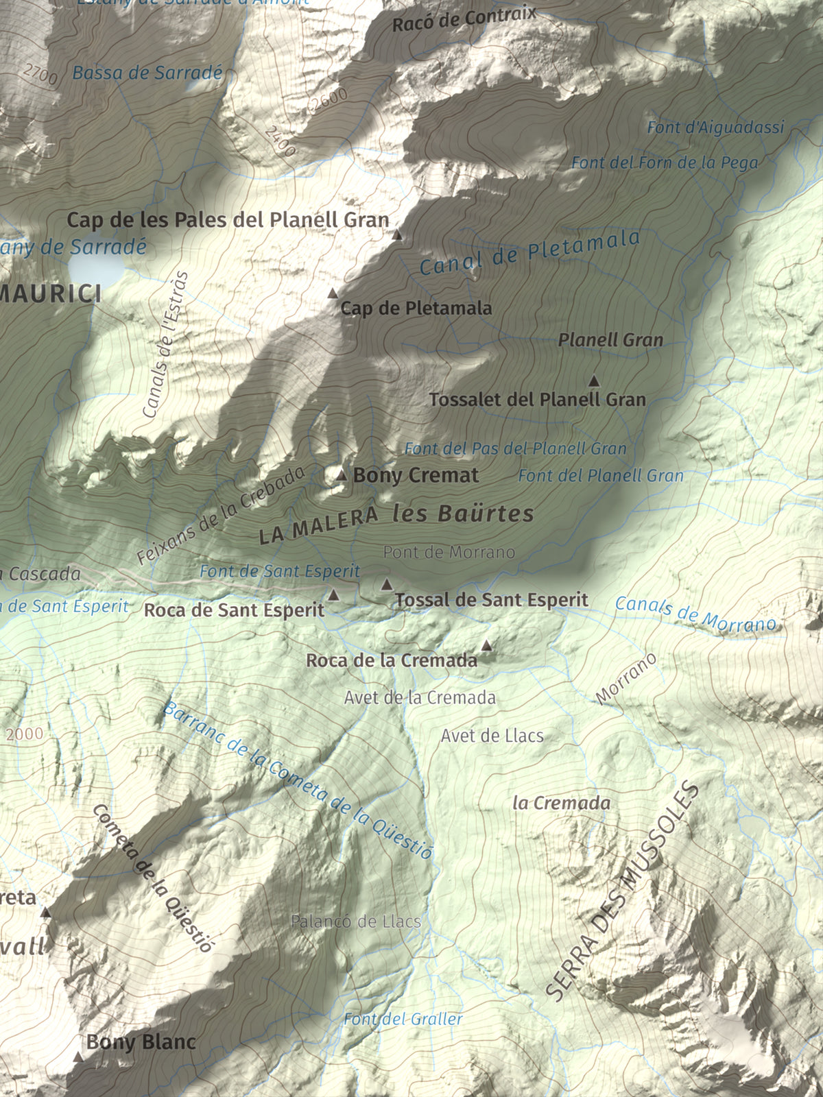 Mapa de relieve de Pic de la Pala Alta de Sarradé, 2983 m, Alta Ribagorça, lámina 100 Cims de Trobart. Detalle de la zona inferior derecha. 30 × 40 cm.