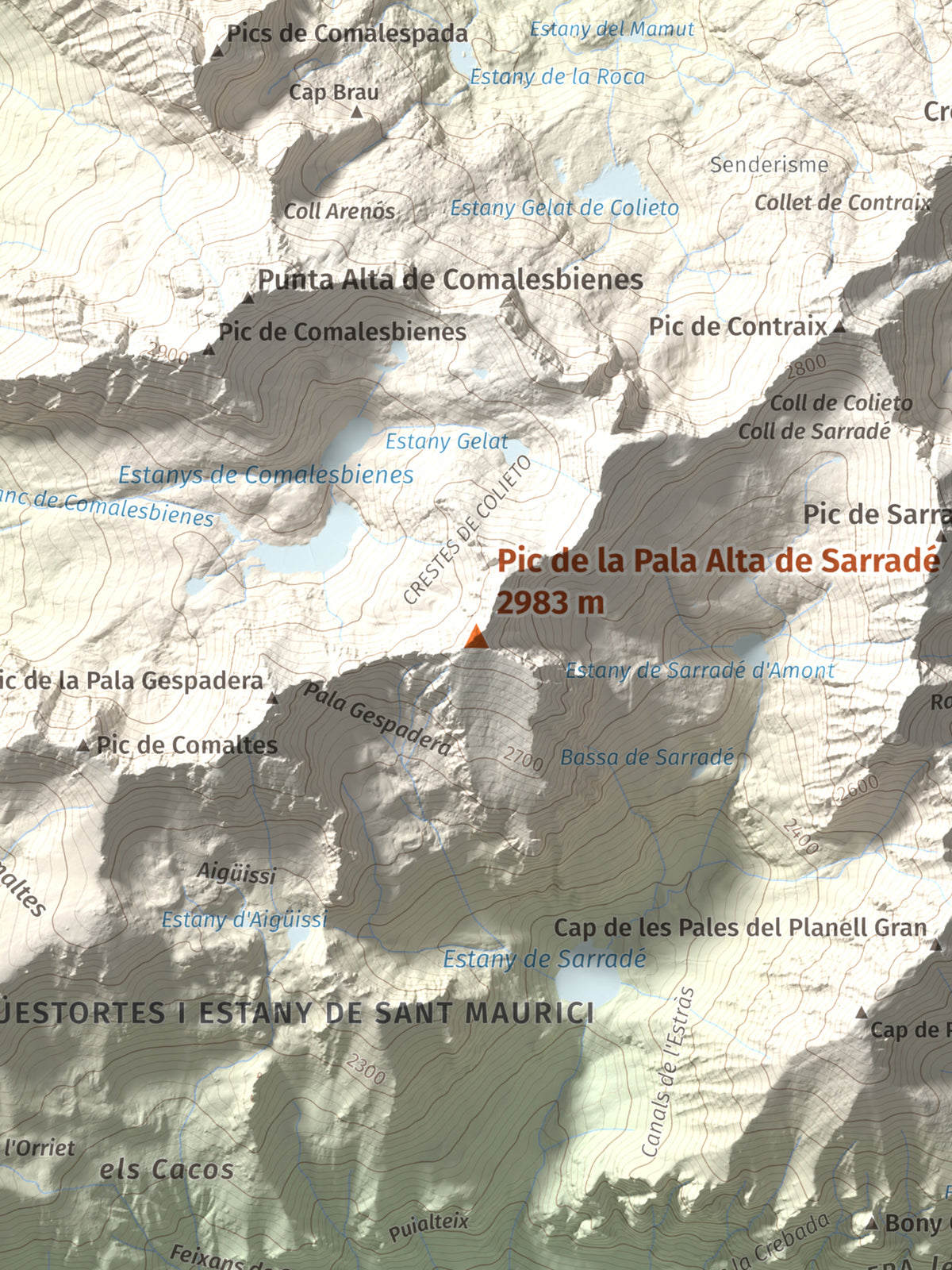 Mapa de relieve de Pic de la Pala Alta de Sarradé, 2983 m, Alta Ribagorça, lámina 100 Cims de Trobart. Detalle de la zona central. 30 × 40 cm.
