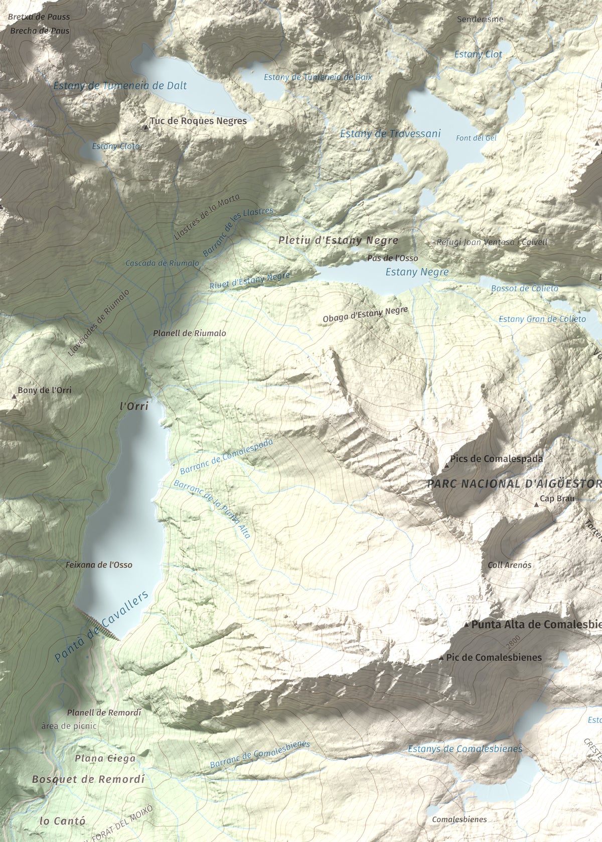 Mapa de relieve de Pic de la Pala Alta de Sarradé, 2983 m, Alta Ribagorça, lámina 100 Cims de Trobart. Detalle de la zona superior izquierda. 50 × 70 cm.