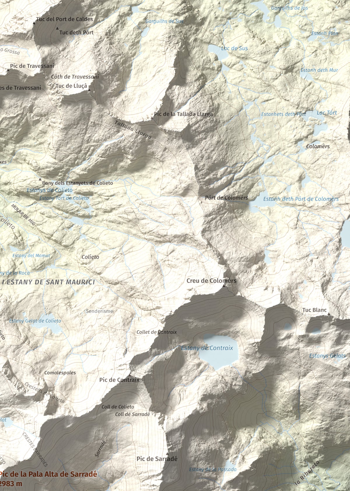 Mapa de relieve de Pic de la Pala Alta de Sarradé, 2983 m, Alta Ribagorça, lámina 100 Cims de Trobart. Detalle de la zona superior derecha. 50 × 70 cm.