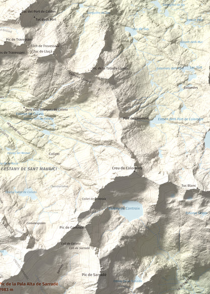 Mapa de relieve de Pic de la Pala Alta de Sarradé, 2983 m, Alta Ribagorça, lámina 100 Cims de Trobart. Detalle de la zona superior derecha. 50 × 70 cm.